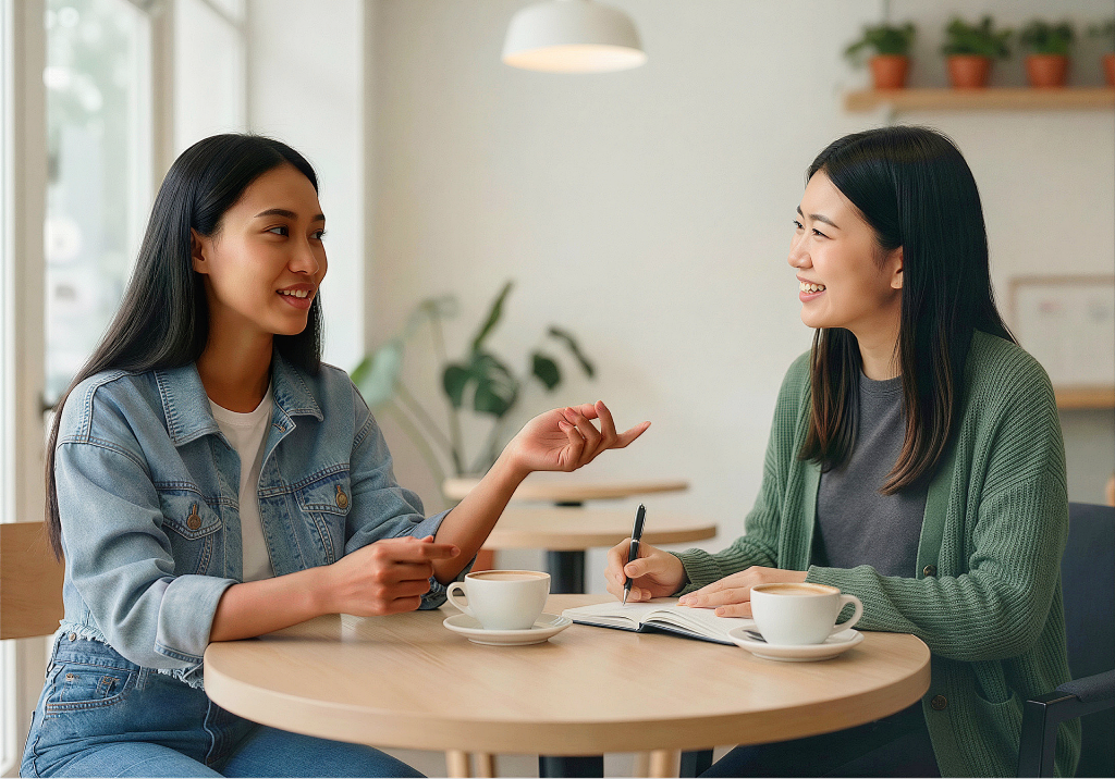 Two women having a conversation over coffee