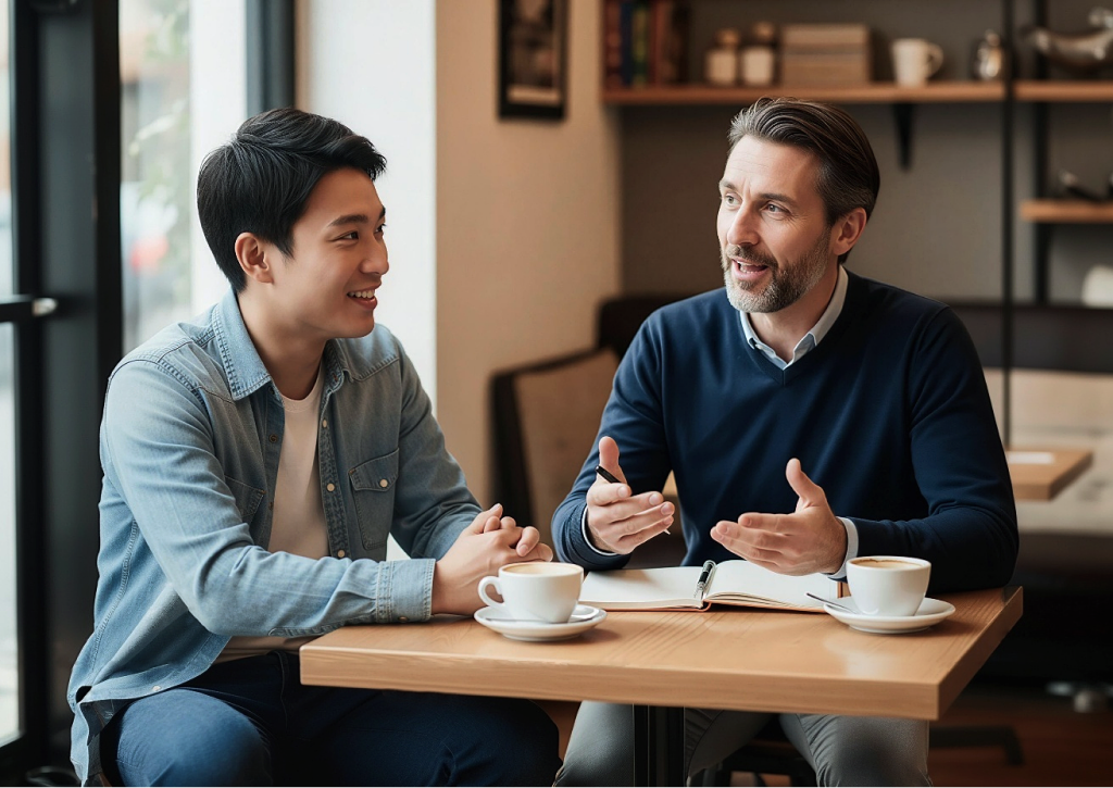 Language teacher and student talking over coffee